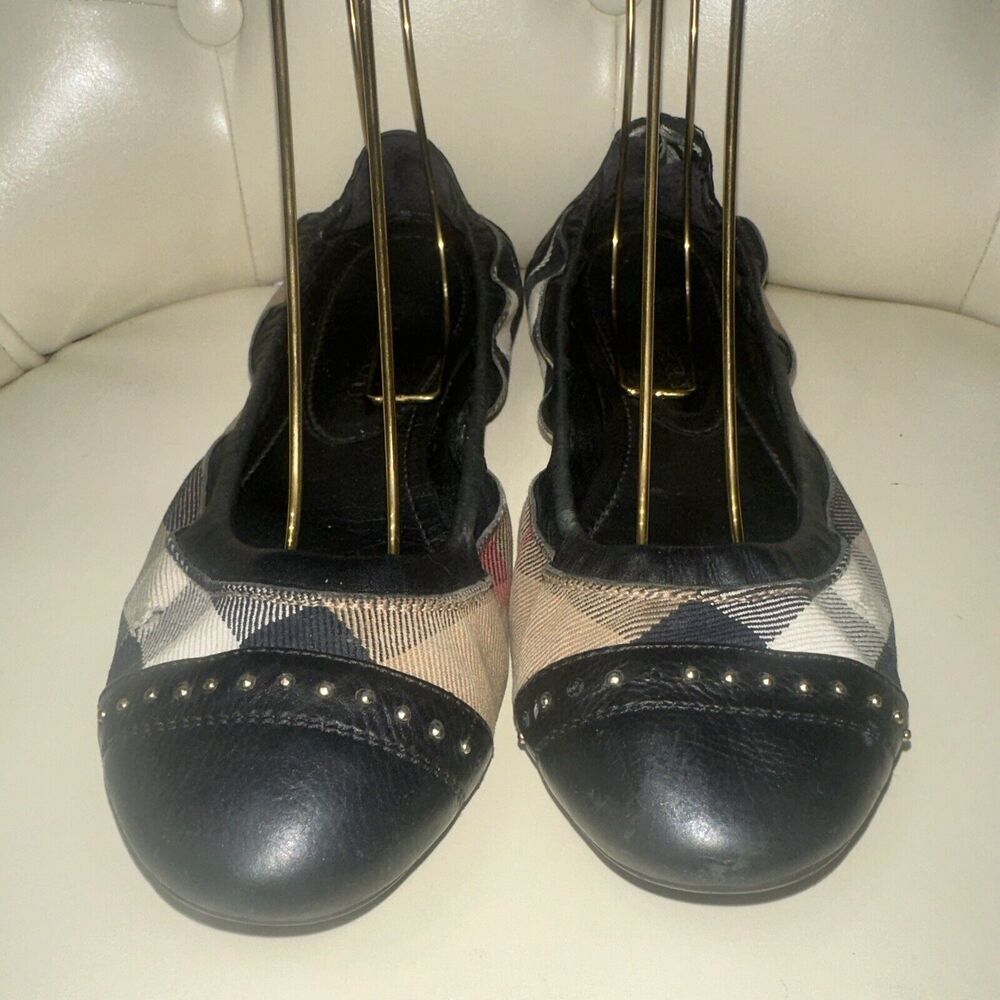 Burberry Black and Beige Check Studded Leather Cap-Toe Flats